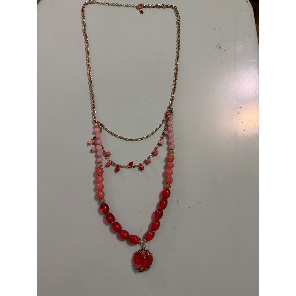 Red Pink Ombre Layered Statement Necklace Gold Tone Filigree Pendant
